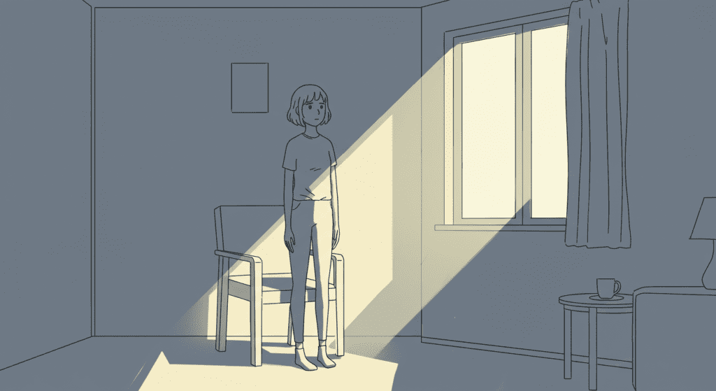Ilustração minimalista de uma pessoa em um quarto calmo, cercada por objetos sutis